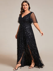 Plus Size V-Neck High Slit Sequined Evening Dresses