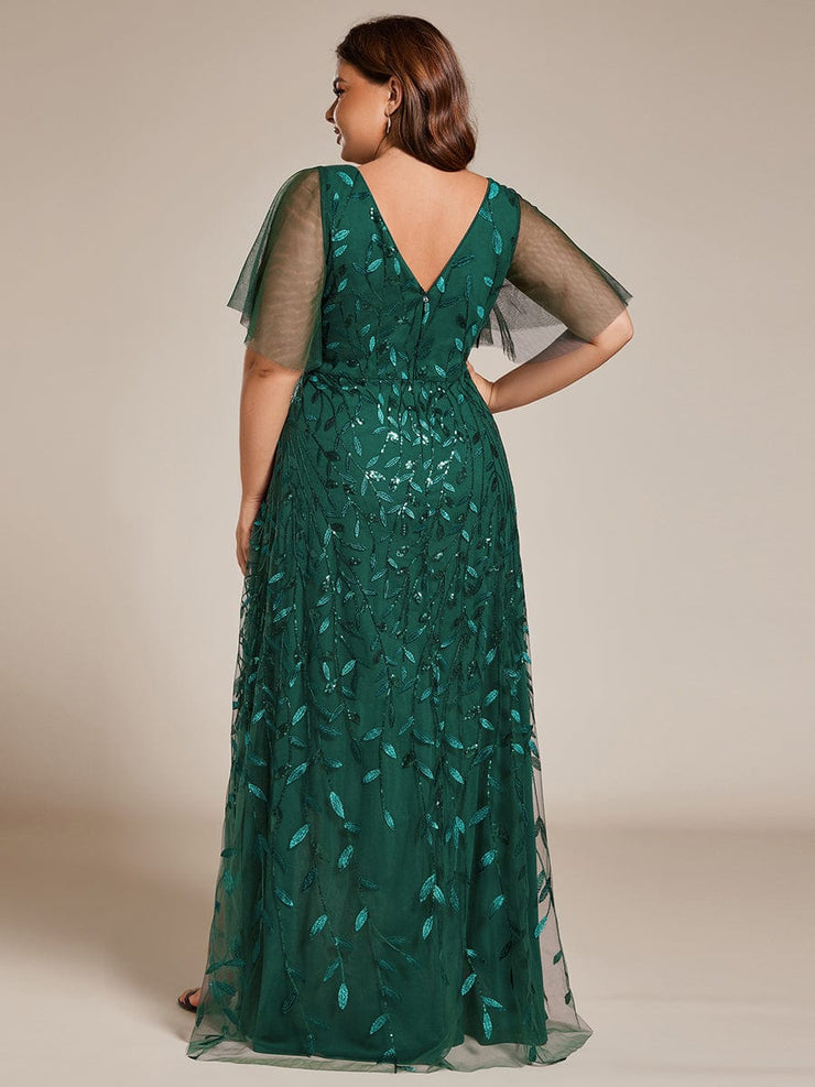 Plus Size V-Neck High Slit Sequined Evening Dresses