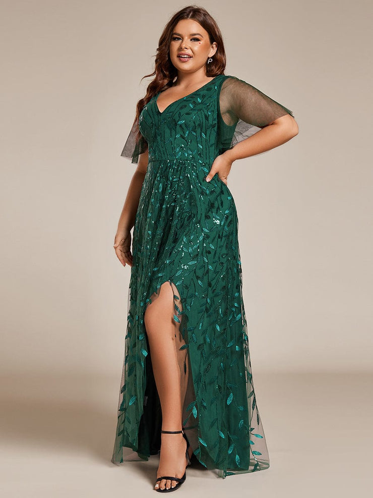 Plus Size V-Neck High Slit Sequined Evening Dresses