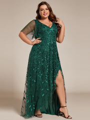 Plus Size V-Neck High Slit Sequined Evening Dresses