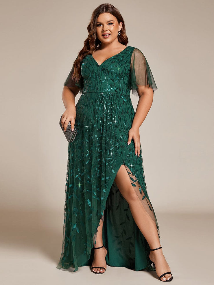 Plus Size V-Neck High Slit Sequined Evening Dresses