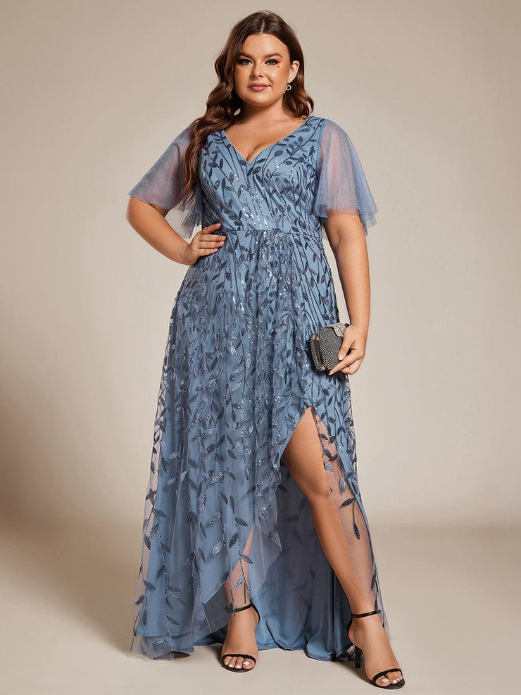 Plus Size V-Neck High Slit Sequined Evening Dresses