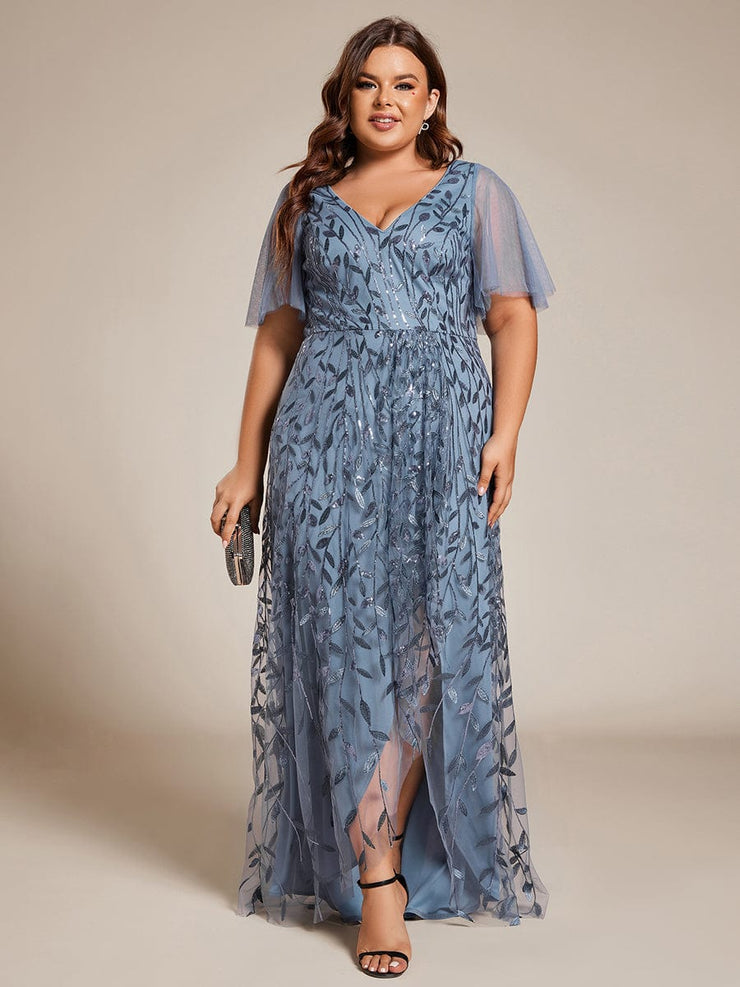 Plus Size V-Neck High Slit Sequined Evening Dresses