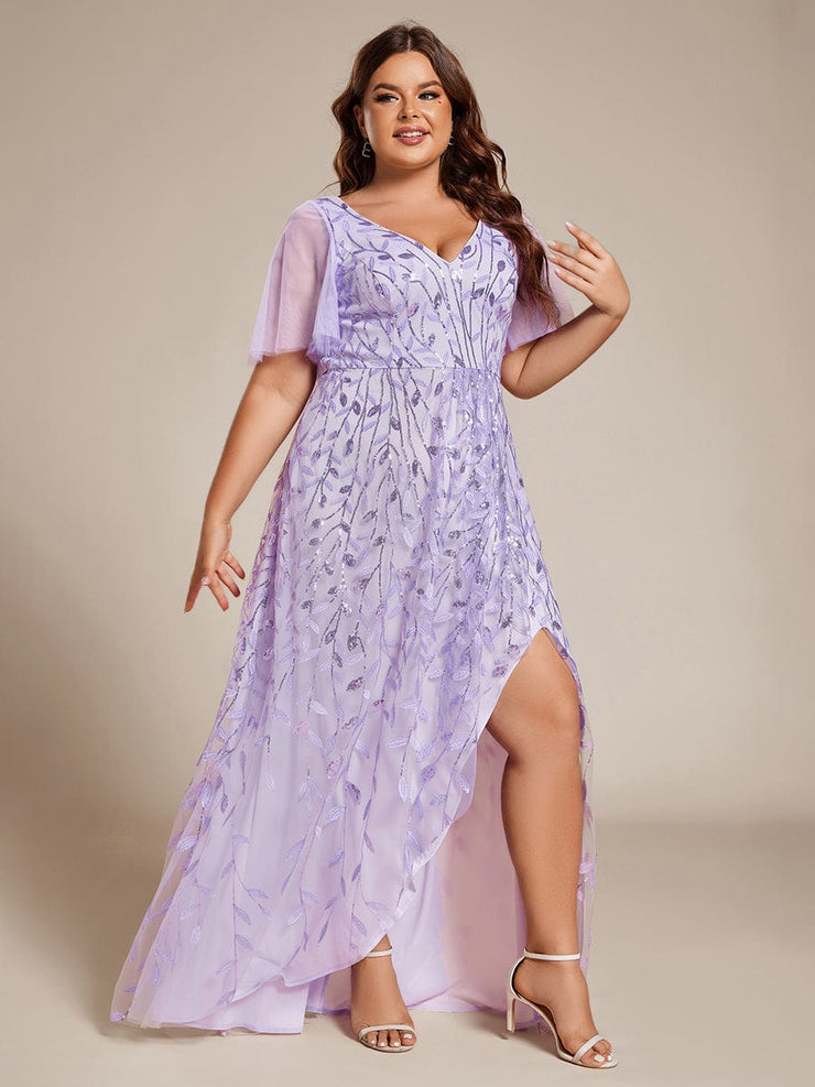 Plus Size V-Neck High Slit Sequined Evening Dresses