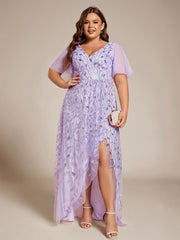 Plus Size V-Neck High Slit Sequined Evening Dresses