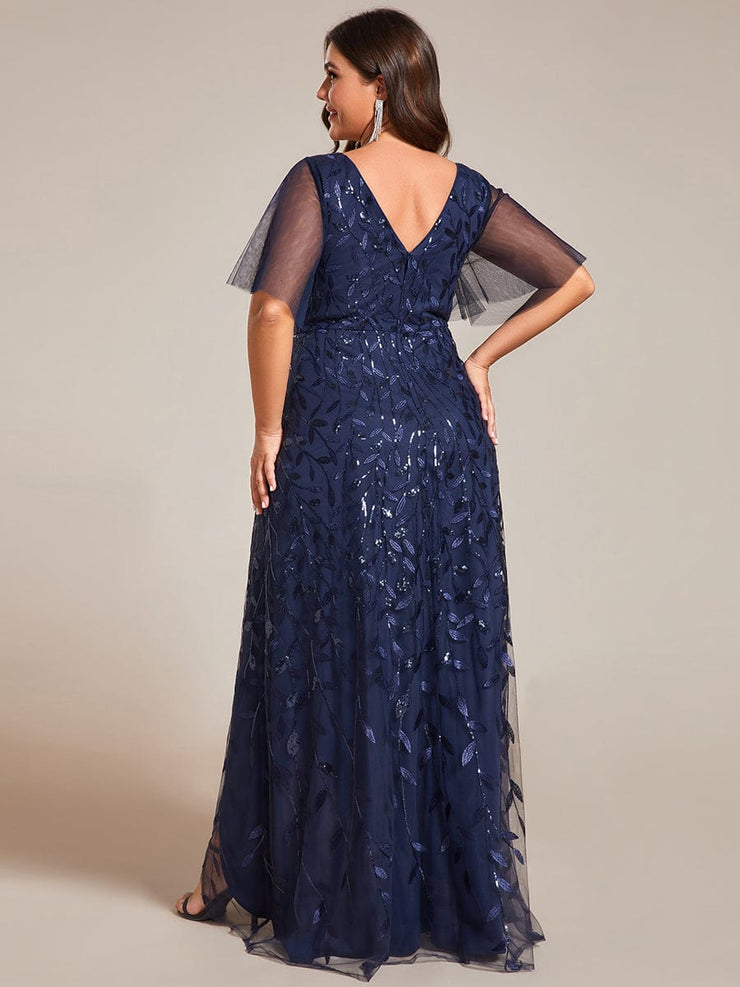 Plus Size V-Neck High Slit Sequined Evening Dresses