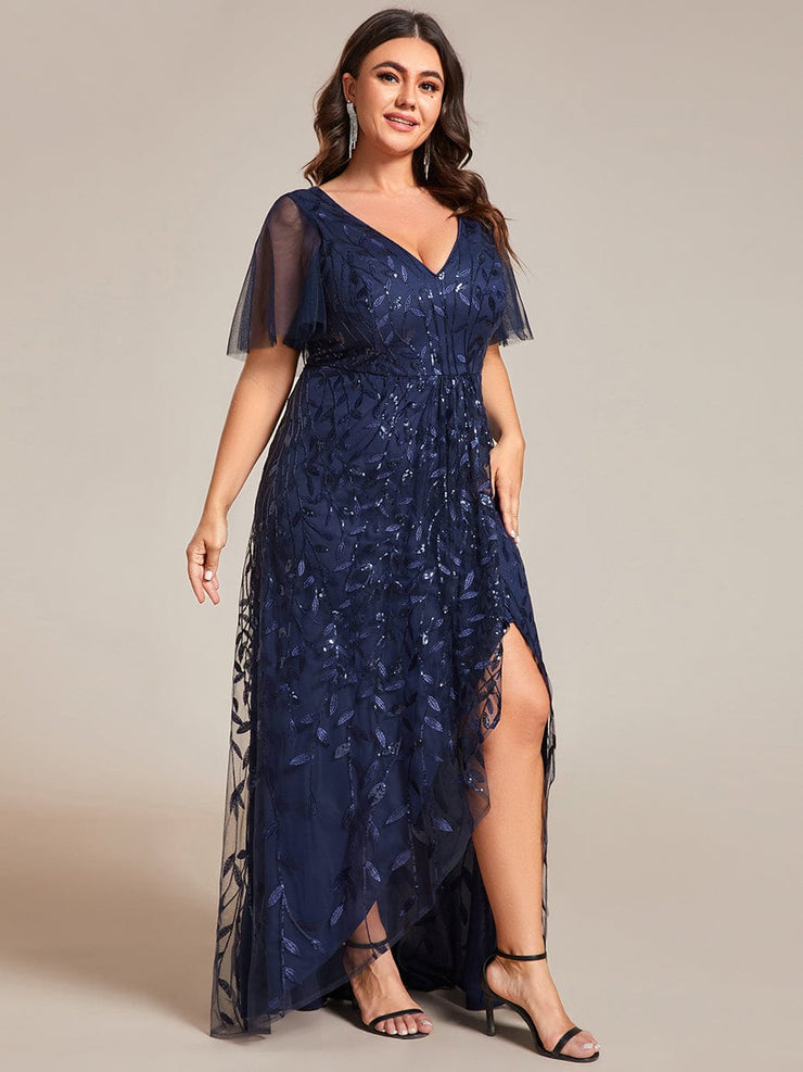 Plus Size V-Neck High Slit Sequined Evening Dresses