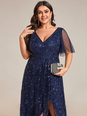 Plus Size V-Neck High Slit Sequined Evening Dresses