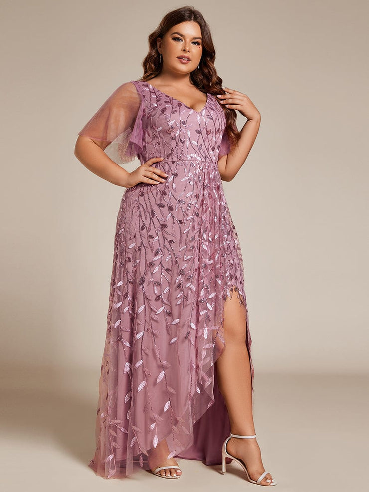 Plus Size V-Neck High Slit Sequined Evening Dresses