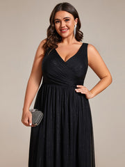 Plus Size V-Neck Sleeveless Evening Dresses with Delicate Glitter