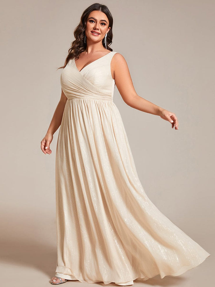 Plus Size V-Neck Sleeveless Evening Dresses with Delicate Glitter