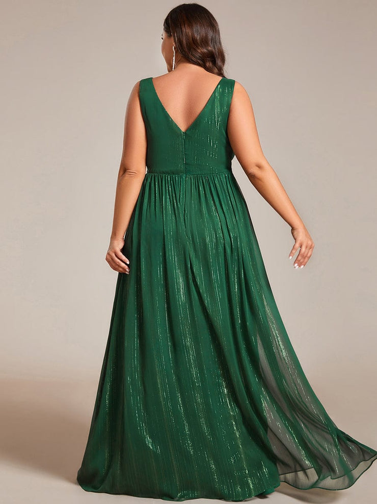 Plus Size V-Neck Sleeveless Evening Dresses with Delicate Glitter