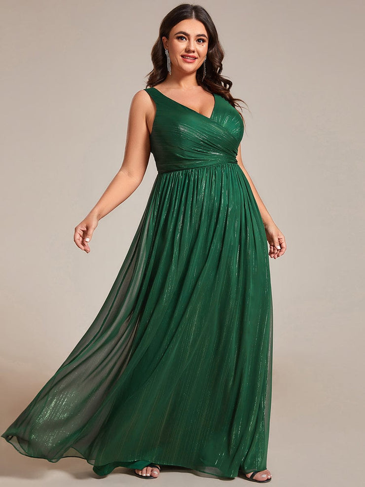 Plus Size V-Neck Sleeveless Evening Dresses with Delicate Glitter