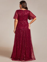 Plus Size V-Neck Sequined A-Line Evening Dresses with Ruffles Sleeves