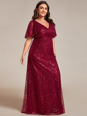 Plus Size V-Neck Sequined A-Line Evening Dresses with Ruffles Sleeves