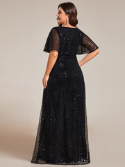 Plus Size V-Neck Sequined A-Line Evening Dresses with Ruffles Sleeves