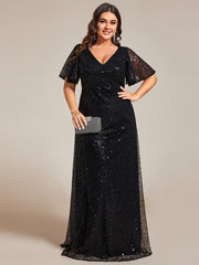 Plus Size V-Neck Sequined A-Line Evening Dresses with Ruffles Sleeves