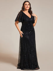 Plus Size V-Neck Sequined A-Line Evening Dresses with Ruffles Sleeves