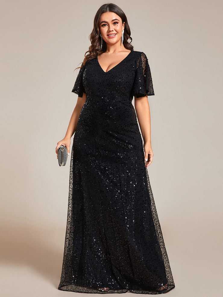 Plus Size V-Neck Sequined A-Line Evening Dresses with Ruffles Sleeves