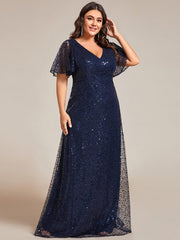 Plus Size V-Neck Sequined A-Line Evening Dresses with Ruffles Sleeves