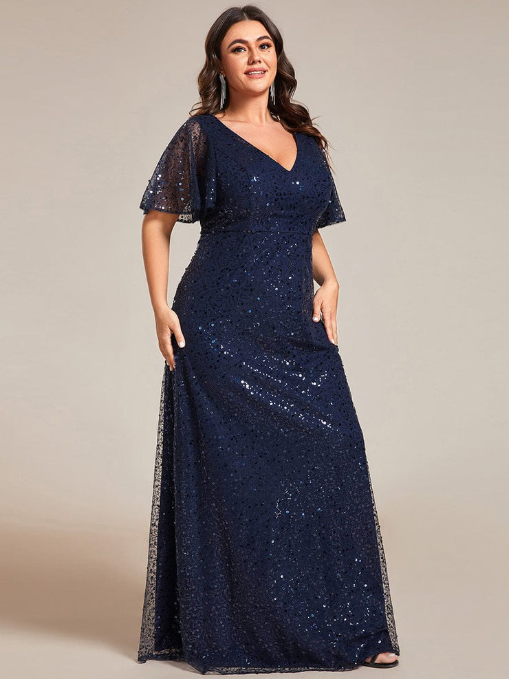 Plus Size V-Neck Sequined A-Line Evening Dresses with Ruffles Sleeves