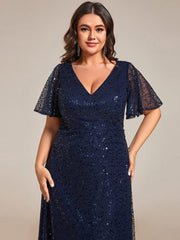 Plus Size V-Neck Sequined A-Line Evening Dresses with Ruffles Sleeves