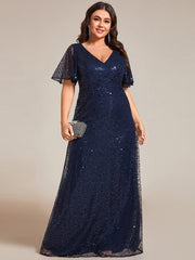 Plus Size V-Neck Sequined A-Line Evening Dresses with Ruffles Sleeves