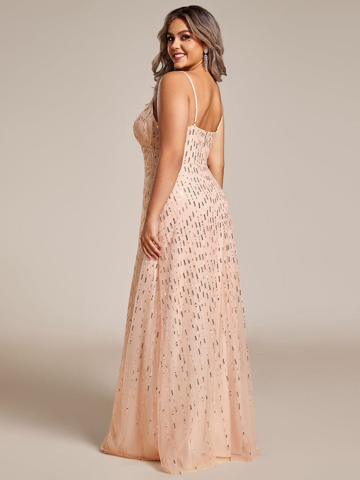 Paillette Deep V-neck High-Waisted Evening Dress Adorned with Spaghetti Straps