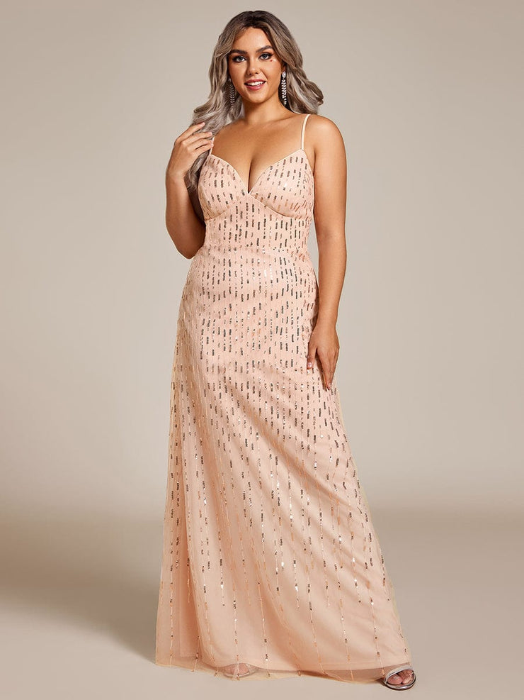 Paillette Deep V-neck High-Waisted Evening Dress Adorned with Spaghetti Straps