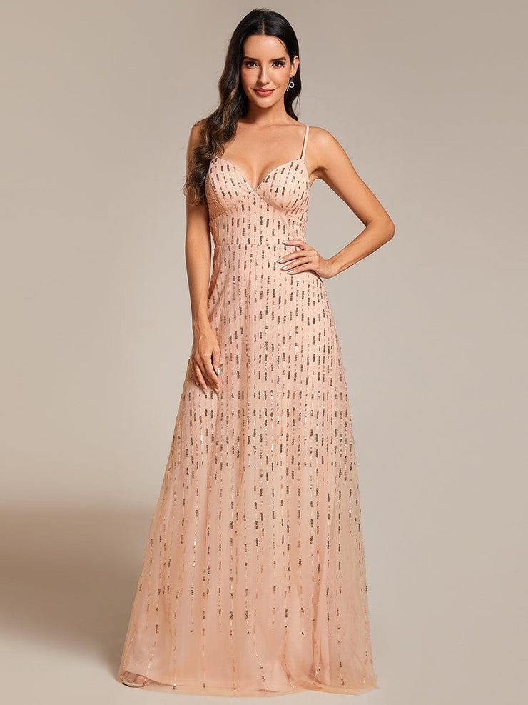 Paillette Deep V-neck High-Waisted Evening Dress Adorned with Spaghetti Straps