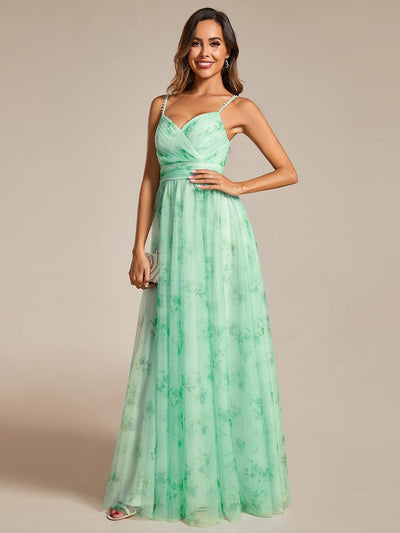 Floral Empire Waist Spaghetti Strap Evening Dress with V-Neck