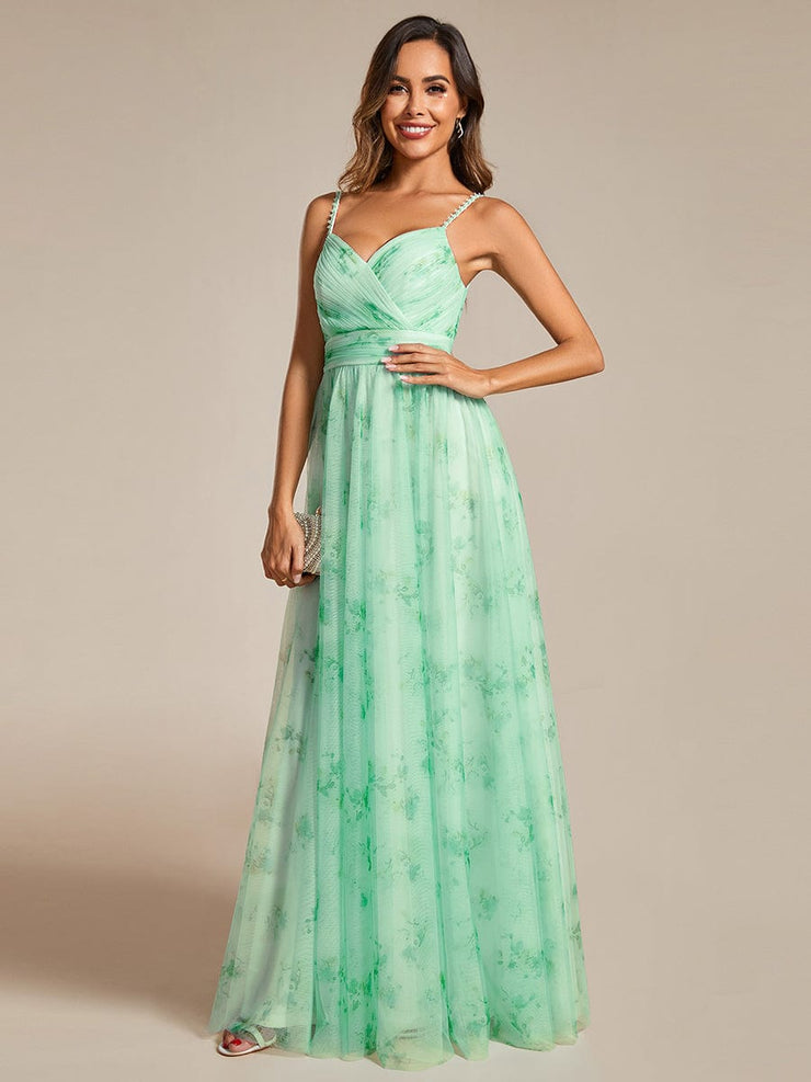 Floral Empire Waist Spaghetti Strap Evening Dress with V-Neck