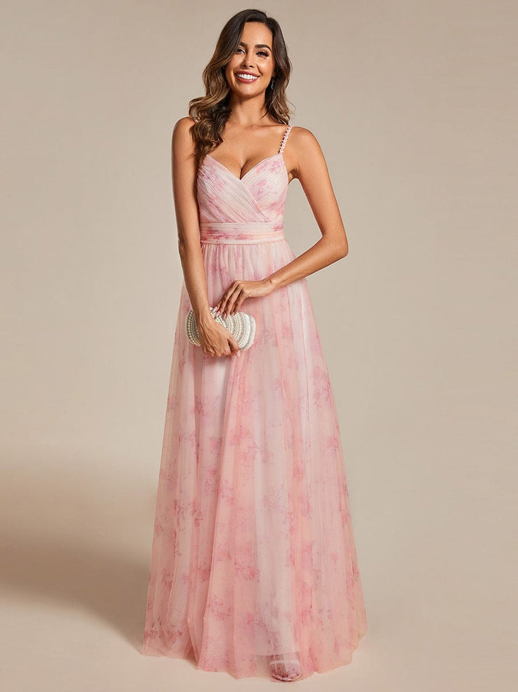 Floral Empire Waist Spaghetti Strap Evening Dress with V-Neck