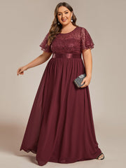 Plus Size High Waist Sequin Round-Neck Short-Sleeved Evening Dress