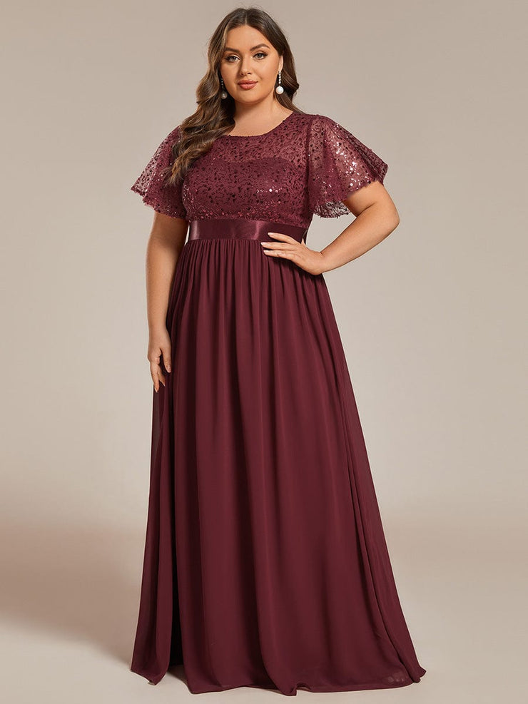 Plus Size High Waist Sequin Round-Neck Short-Sleeved Evening Dress