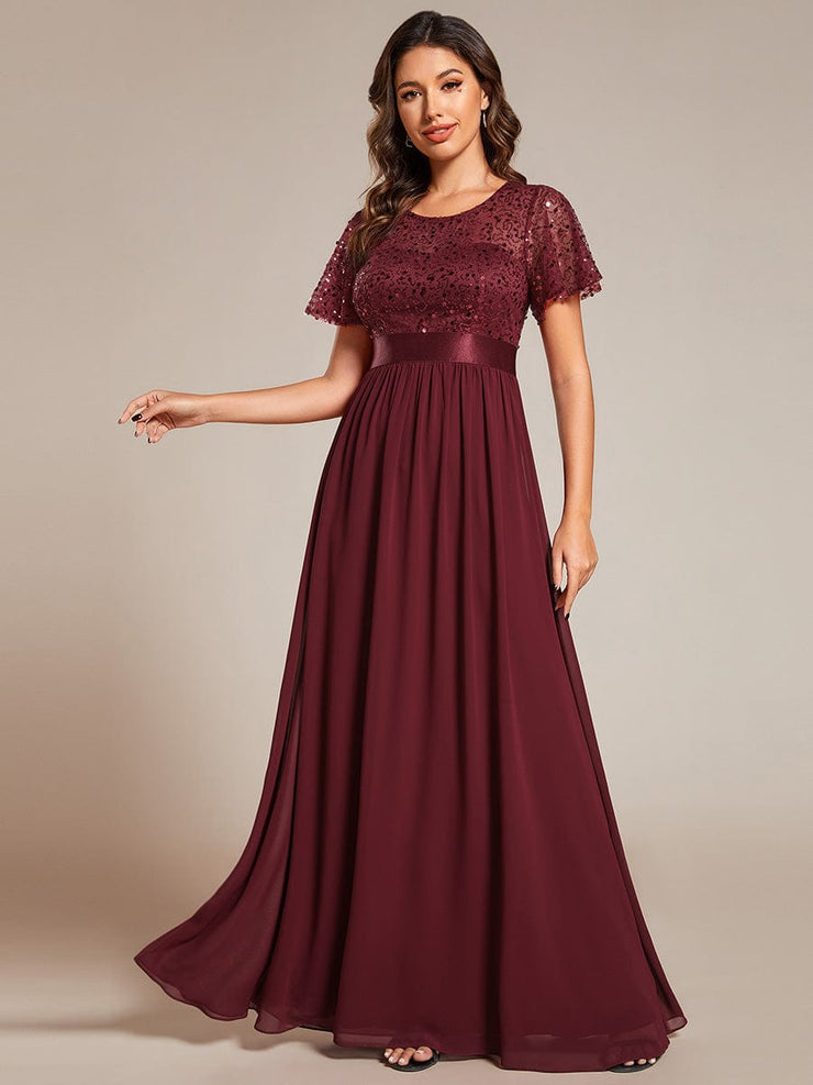 High Waist Sequin Round-Neck Short-Sleeved Evening Dress