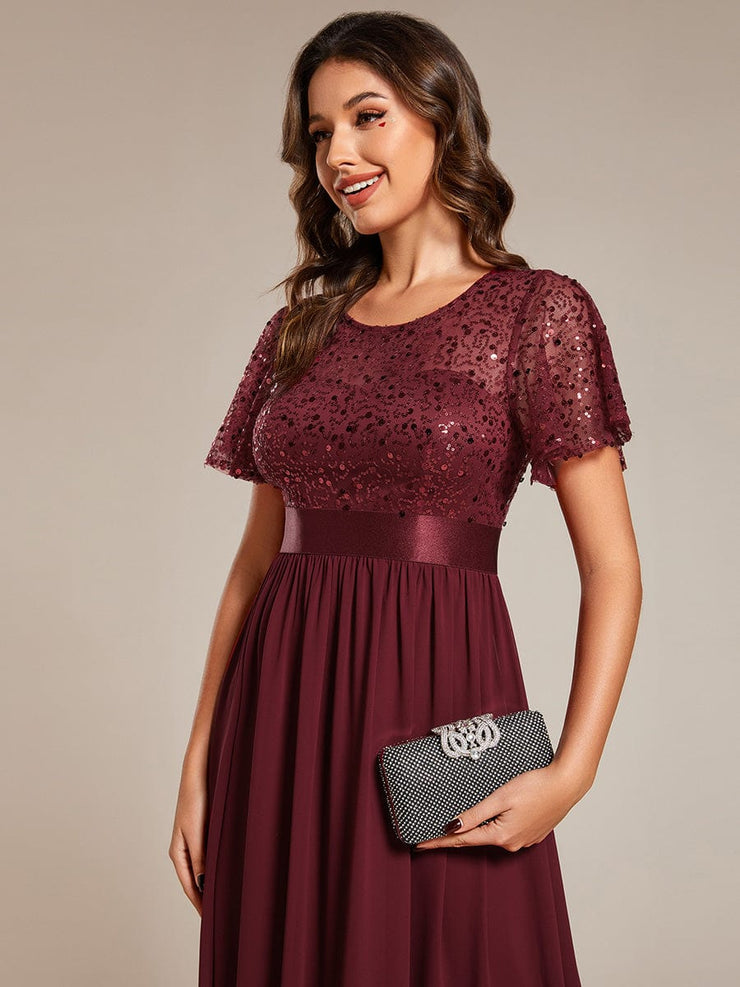 High Waist Sequin Round-Neck Short-Sleeved Evening Dress