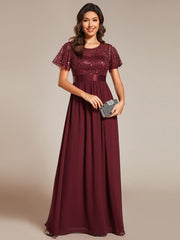 High Waist Sequin Round-Neck Short-Sleeved Evening Dress