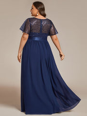 Plus Size High Waist Sequin Round-Neck Short-Sleeved Evening Dress