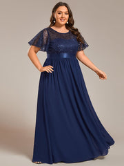 High Waist Sequin Round-Neck Short-Sleeved Evening Dress