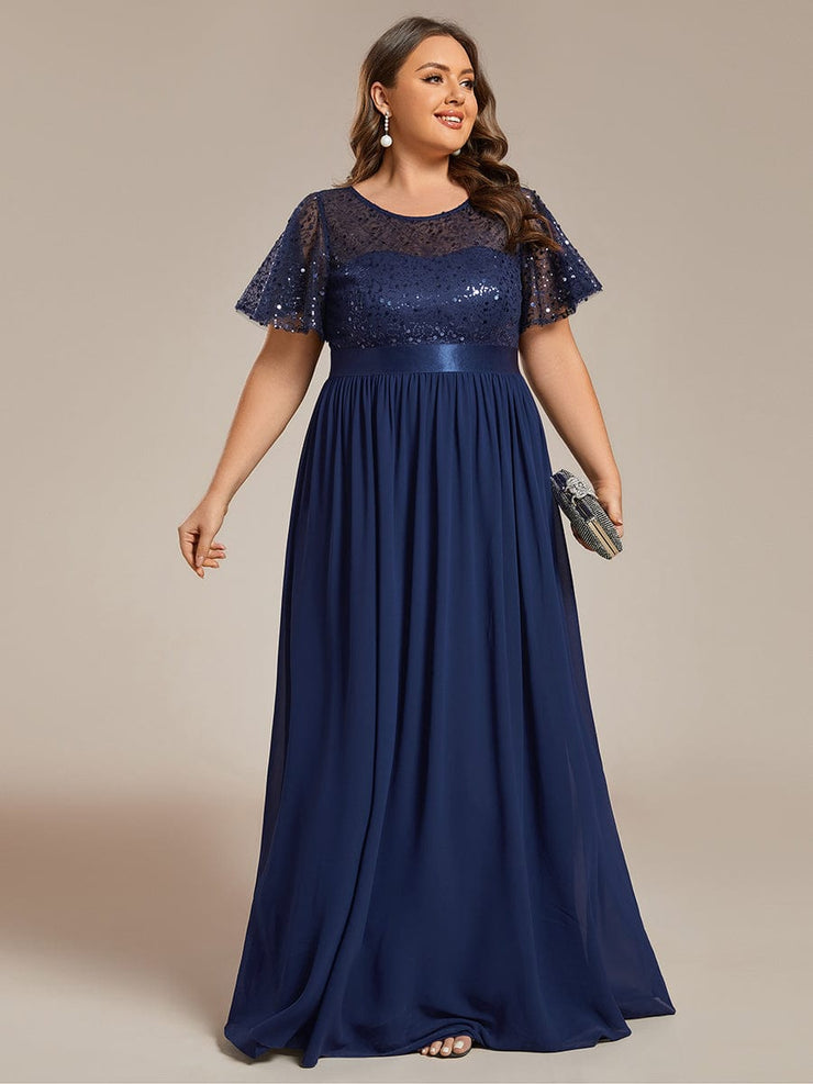 Plus Size High Waist Sequin Round-Neck Short-Sleeved Evening Dress