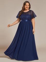 Plus Size High Waist Sequin Round-Neck Short-Sleeved Evening Dress