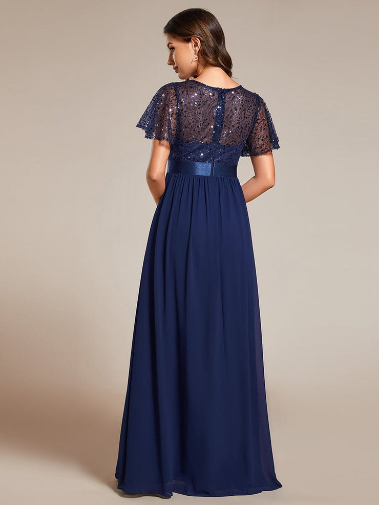 High Waist Sequin Round-Neck Short-Sleeved Evening Dress