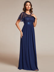 High Waist Sequin Round-Neck Short-Sleeved Evening Dress