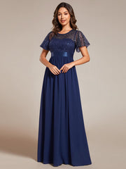 High Waist Sequin Round-Neck Short-Sleeved Evening Dress