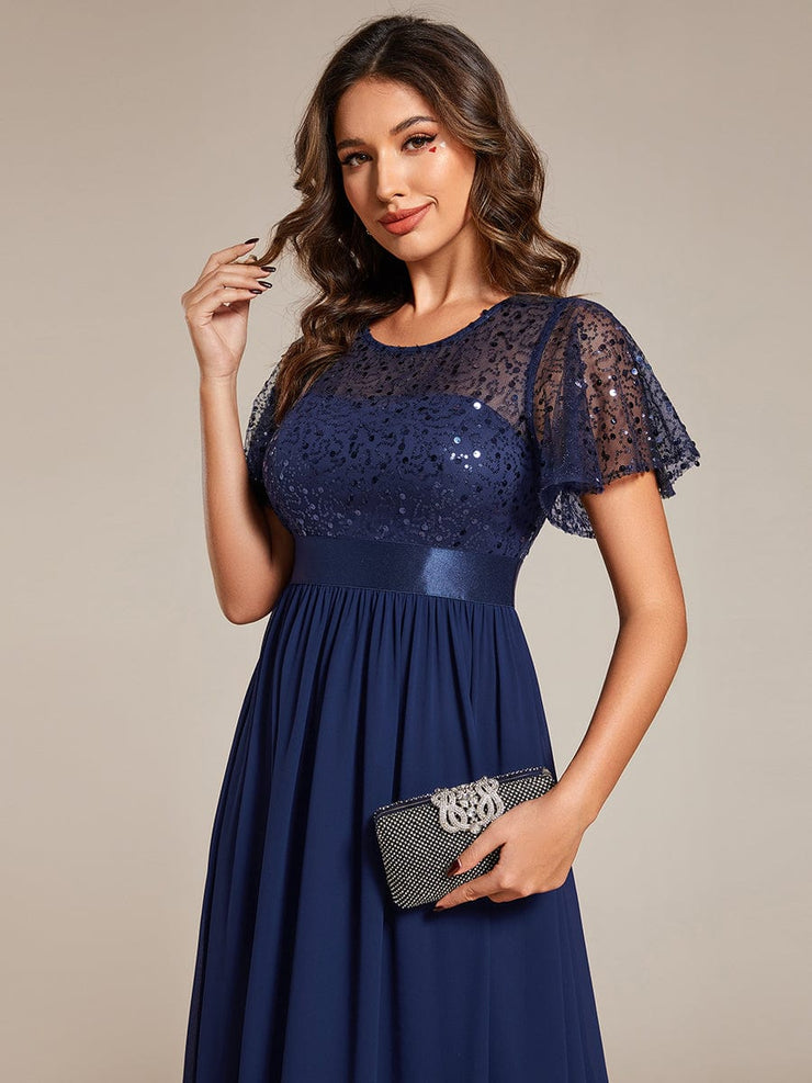 High Waist Sequin Round-Neck Short-Sleeved Evening Dress