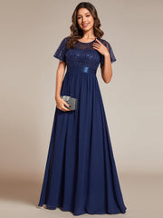 High Waist Sequin Round-Neck Short-Sleeved Evening Dress