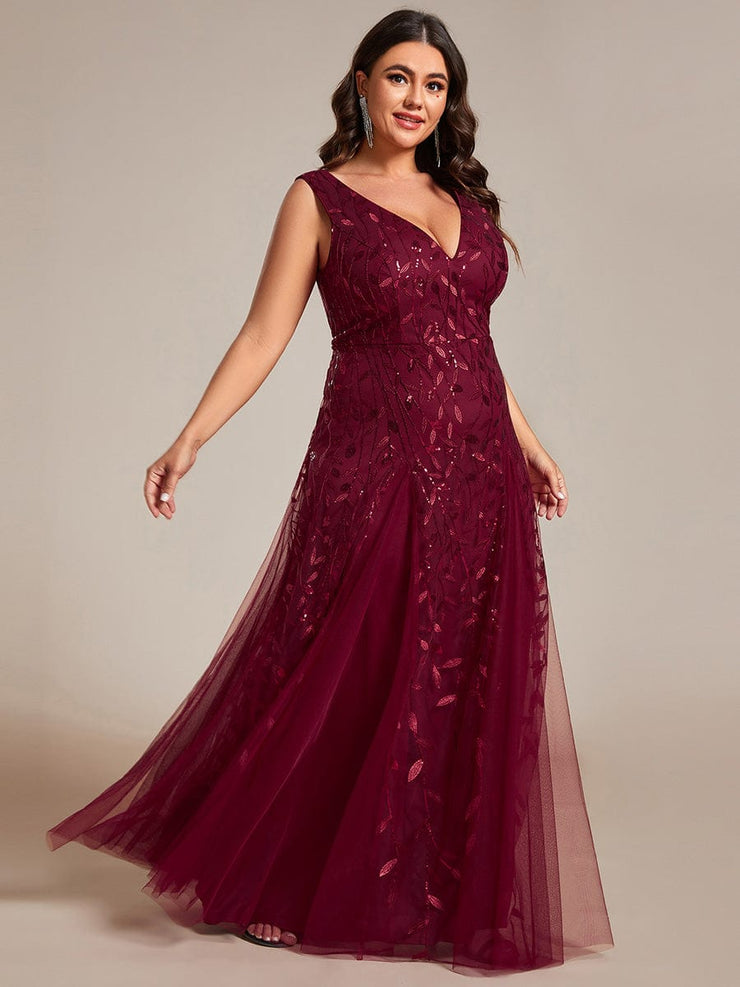 Plus Size Sleeveless V-Neck Sequined A-Line Evening Dresses