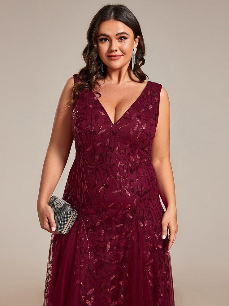 Plus Size Sleeveless V-Neck Sequined A-Line Evening Dresses