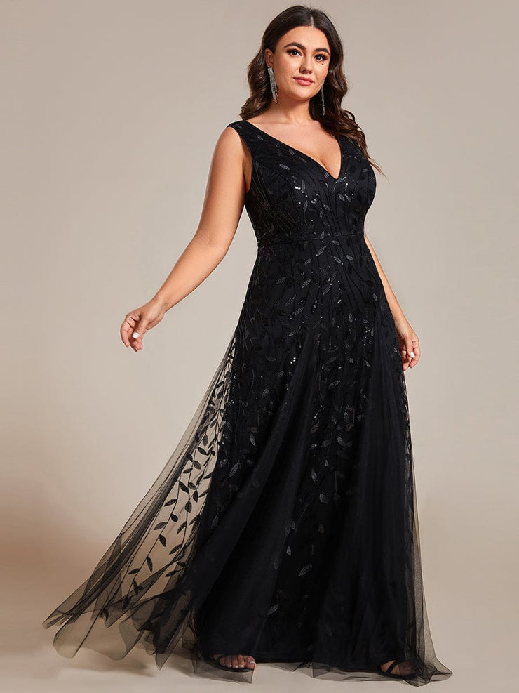 Plus Size Sleeveless V-Neck Sequined A-Line Evening Dresses